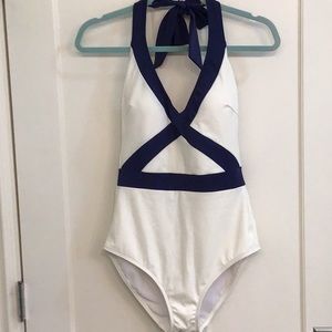 Boden cream and navy halter full piece swimsuit NWT in 8L